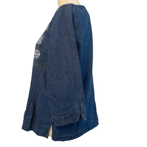 Erika Collection Button Front Jean Shirt 8 Blue/White/Green Embroidered Floral - Picture 4 of 7